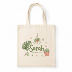 Personalized Cute Plant Mom Name Canvas Tote Bag